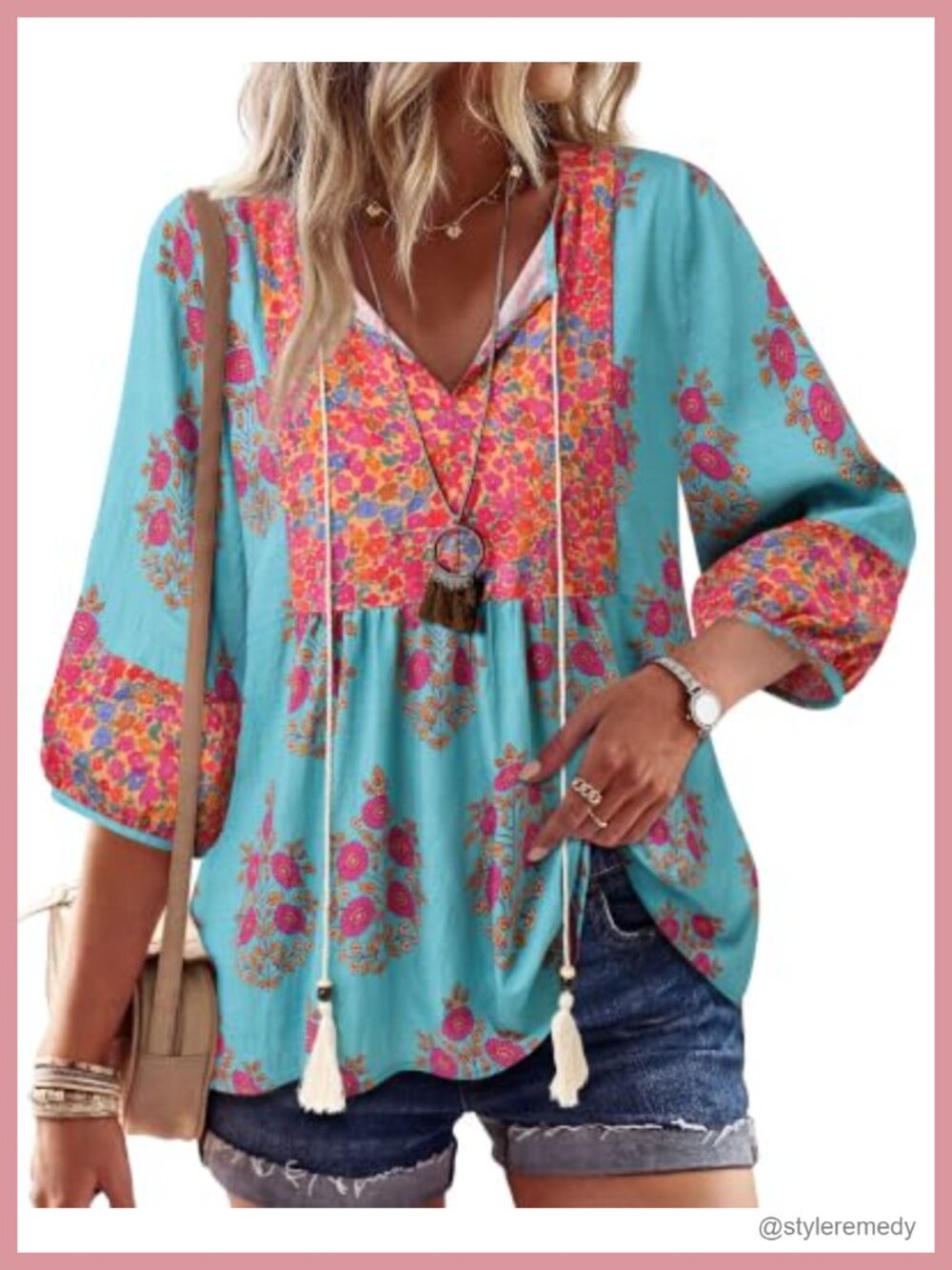 Womens Cotton Linen Boho Babydoll Blouse 3/4 Sleeve Peplum Tie Front Tunic Top